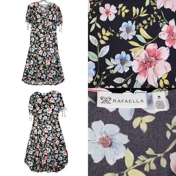 Rafaella Dress Fit & Flare Black Floral Short Sleeve Size Medium M Faux Wrap - Picture 1 of 9